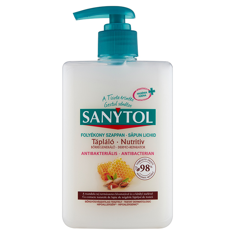 SANYTOL FOLYÉKONY SZAPPAN 250ML PUMP.ANTIBAKTERIÁLIS MANDULA TEJ