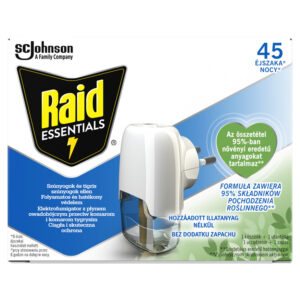 RAID EL. SZÚNYOGÍRTÓ KÉSZÜLÉK ESSENTIAL 45 ÉJSZAKÁS ILLATMENTES 27ML FOLYADÉKKAL